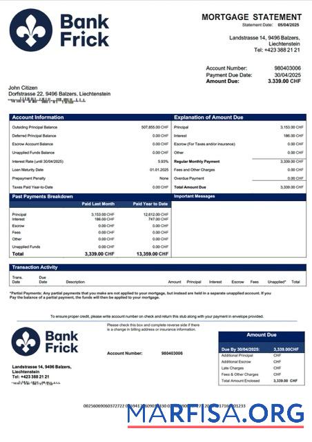 Blank Liechtenstein Bank Frick & Co mortgage statement Word and PDF template